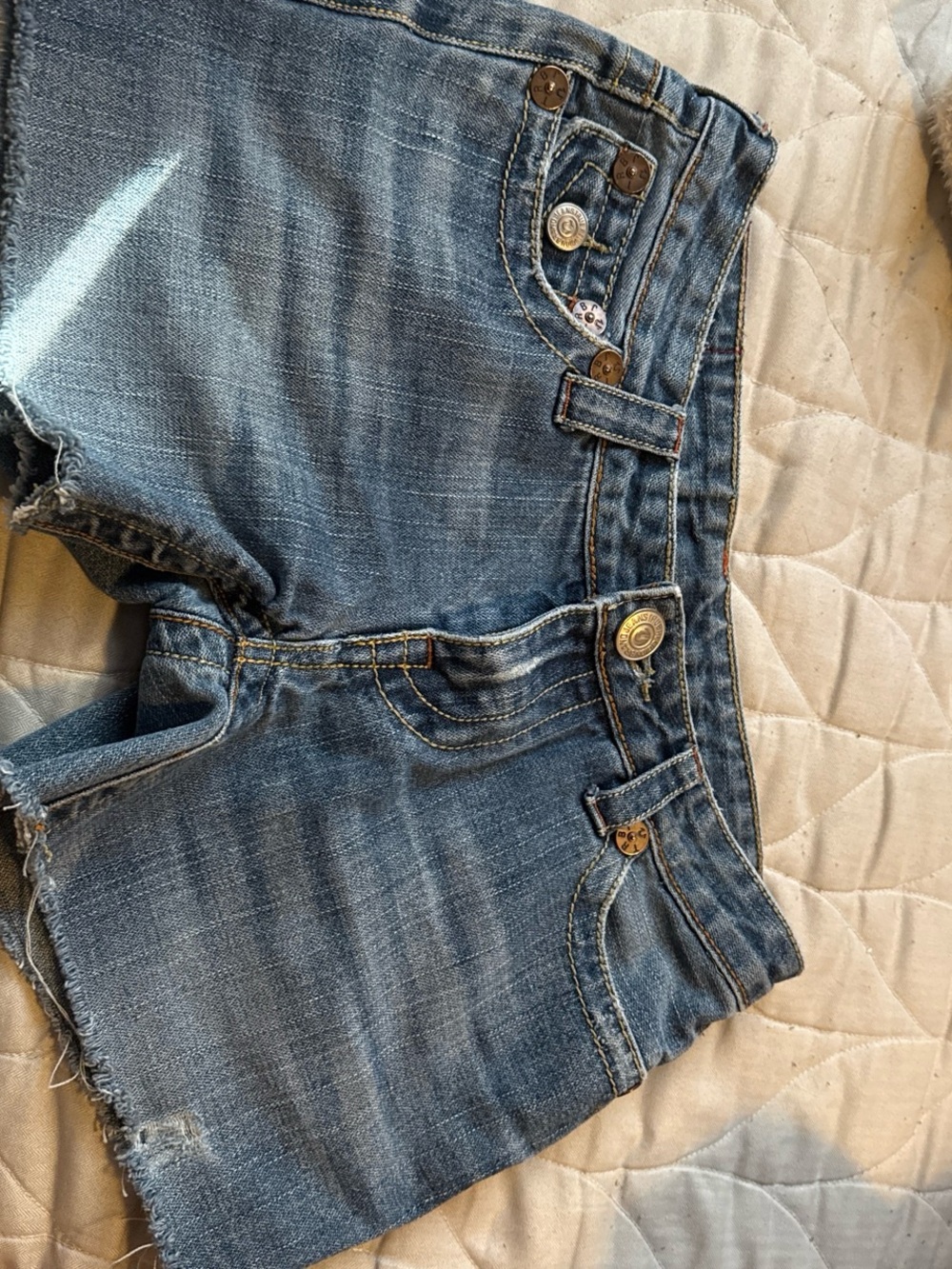 True Religion Medium Blue Distressed Denim Cutoff Shorts